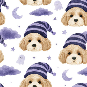 Cute sleepy puppy faces wearing striped Halloween nightcaps with moon, stars, clouds, and ghost in soft purple tones