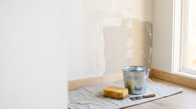 Interior room undergoing renovation with wall stripped of old wallpaper and tools