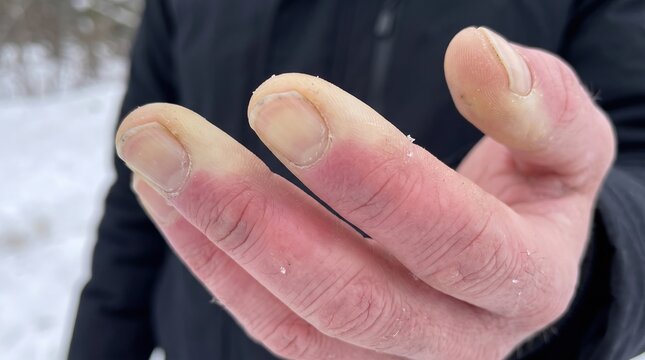 Close Up of Hand Affected by Raynaud's Phenomenon Showing Pale White Fingertips in Cold Winter