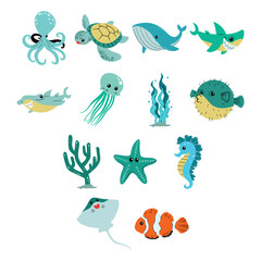 Fototapeta premium Cute Ocean Animals and Marine Life Doodle Illustration Set