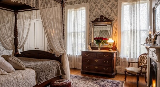 An elegant and cozy vintage bedroom featuring a four-poster bed with white drapes, a dark wooden dresser with a mirror, and large windows.