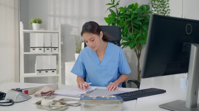 Young female nurse working at desk in modern medical office at hospital. 