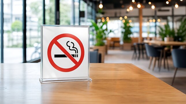 No Smoking Sign on a Table in a Modern Restaurant or Cafe Interior with Blurred Background