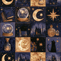 Obraz premium Dark celestial witchcraft patchwork seamless pattern featuring moons, stars, black cats, potion bottles, crystal balls