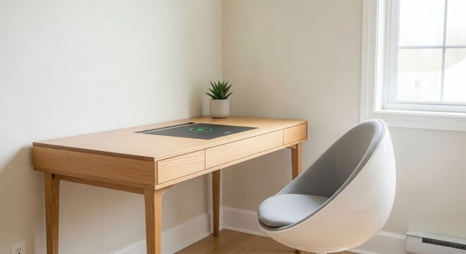 Bright and modern home office corner with a light wood desk and a unique egg-shaped chair.