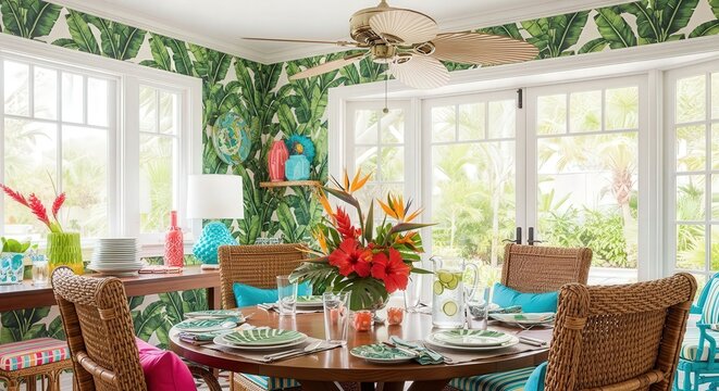 A vibrant tropical-themed dining room featuring banana leaf wallpaper, wicker chairs, and a round wooden table set with colorful dishes and floral arrangements.