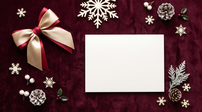 Christmas Blank Greeting Card Mockup with Red Ribbon Bow and Winter Decorations on Burgundy Background