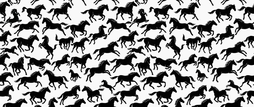 Seamless pattern with running black horse silhouettes on white background, equestrian wallpaper
