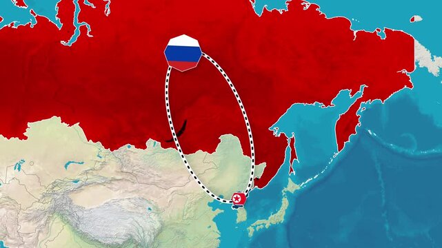 Russia and North Korea map animation showing diplomatic relations and travel