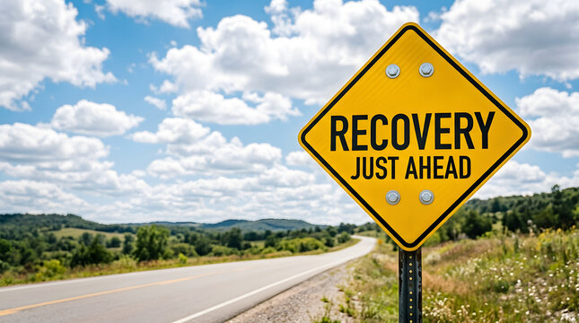Yellow road sign indicating recovery ahead on rural highway