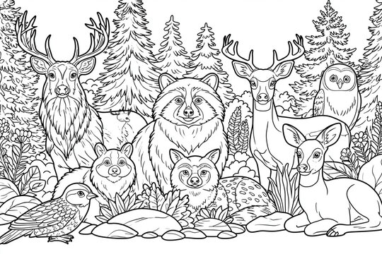 Forest creatures gather peacefully among pine trees. Deer, foxes, owls, and a bear share quiet woodland space. Lush ferns and rocks frame the gathering animals