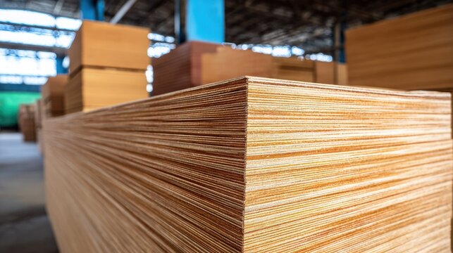 Neatly stacked sheets of plywood displaying intricate wood grain and texture in a warehouse setting
