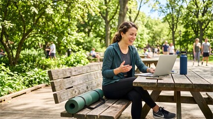 Obraz premium Woman smiling and working on laptop at picnic table in park with yoga mat