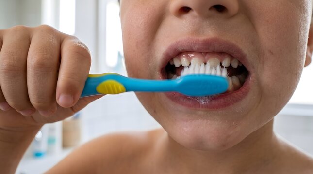 Close up of young child brushing teeth with blue toothbrush and white toothpaste in bathroom