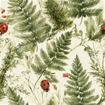 Delicate watercolor seamless pattern featuring ladybug and green fern leaves with soft natural tones and gentle botanical