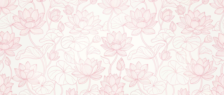 Pink lotus flower pattern, elegant line art botanical illustration on soft white background