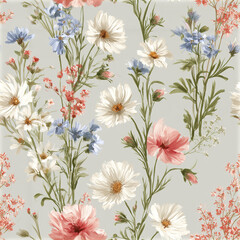 Fototapeta premium Delicate wildflower vine seamless pattern with hand painted soft white, pink, and blue flowers on light gray background