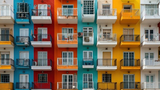 Colorful Apartment Building Facade with Balconies and Windows.