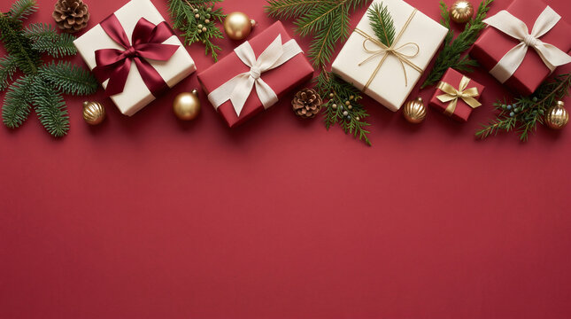 Christmas Gift Boxes with Red Ribbons and Evergreen Decorations on Red Background with Copy Space