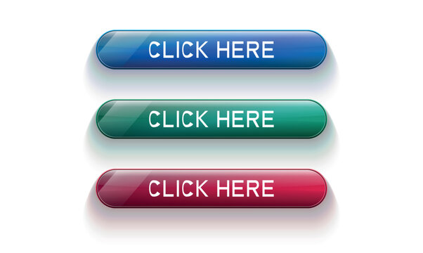 Glossy web buttons set with click here text in blue green and dark red shiny round design.