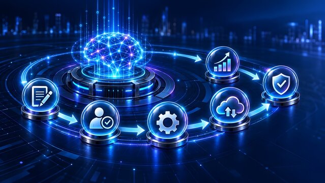 Artificial intelligence brain orchestrating automated business workflows and secure network operations