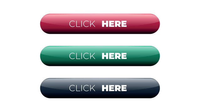 Modern glossy web button set with click here text in red green and dark blue glass style.
