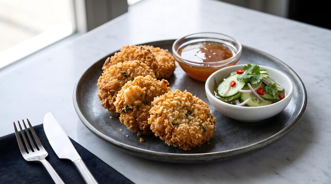 Authentic Thai Grilled and Fried Cuisine Crispy Shrimp Cakes with Thai Dipping Sauce and Salad Thai BBQ Night Market Feast Crispy Thai Street Food Culture 