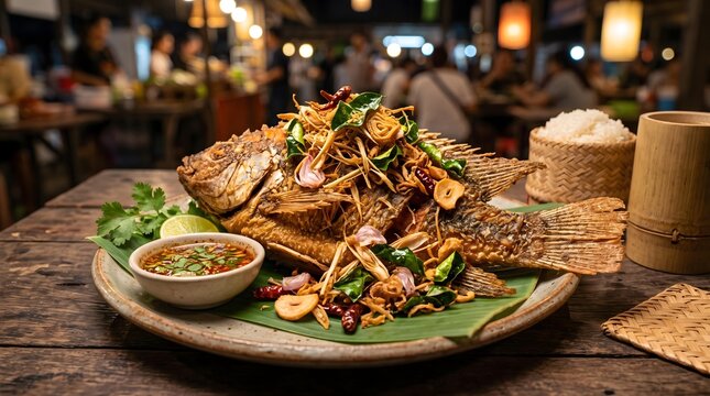 Authentic Thai Grilled and Fried Cuisine Thai Street Food: Crispy Fish with Herbs and Sauce Thai BBQ Night Market Feast Crispy Thai Street Food Culture 