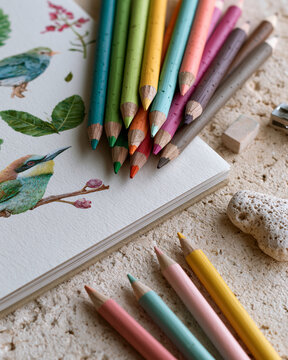 Colorful pencils lean beside a sketchbook with watercolor birds. Green leaves and soft petals frame the drawing. Birds perch on branches, painted with delicate brushstrokes. Bright crayons rest nearby