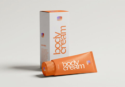 Body Cream Tube and Box Mockup