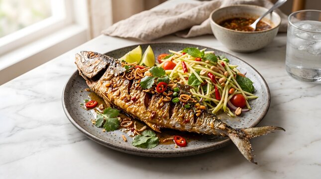 Authentic Thai Grilled and Fried Cuisine Thai Grilled Fish with Spicy Green Mango Salad Thai BBQ Night Market Feast Crispy Thai Street Food Culture 