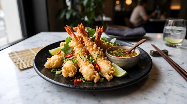 Authentic Thai Grilled and Fried Cuisine Crispy Tempura Shrimp with Spicy Dipping Sauce Thai BBQ Night Market Feast Crispy Thai Street Food Culture 
