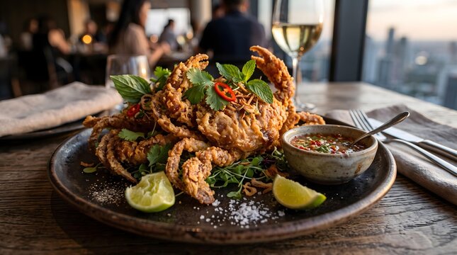 Authentic Thai Grilled and Fried Cuisine Gourmet Soft Shell Crab with Spicy Dipping Sauce Thai BBQ Night Market Feast Crispy Thai Street Food Culture 