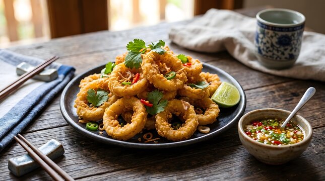 Authentic Thai Grilled and Fried Cuisine Crispy Calamari with Spicy Dipping Sauce on Rustic Table Thai BBQ Night Market Feast Crispy Thai Street Food Culture 