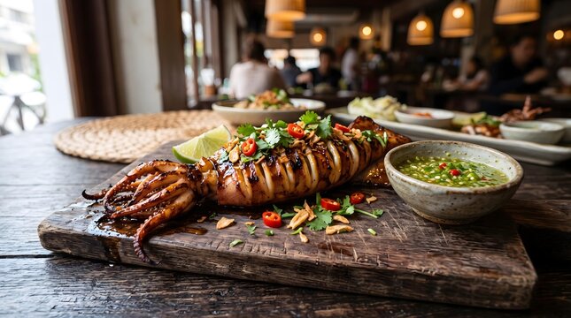 Authentic Thai Grilled and Fried Cuisine Grilled Squid with Chili and Herbs in Rustic Setting Thai BBQ Night Market Feast Crispy Thai Street Food Culture 