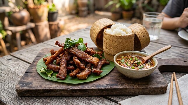 Authentic Thai Grilled and Fried Cuisine Traditional Thai Grilled Pork with Sticky Rice and Sauce Thai BBQ Night Market Feast Crispy Thai Street Food Culture 