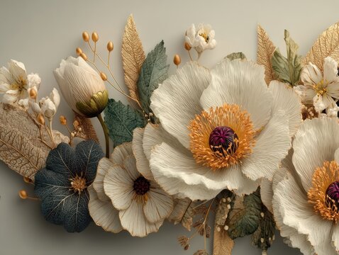 Close-up of decorative, detailed paper flowers with gold accents, set on a muted background