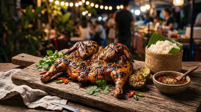 Authentic Thai Grilled and Fried Cuisine Grilled Thai Chicken with Rice at Night Market Thai BBQ Night Market Feast Crispy Thai Street Food Culture 