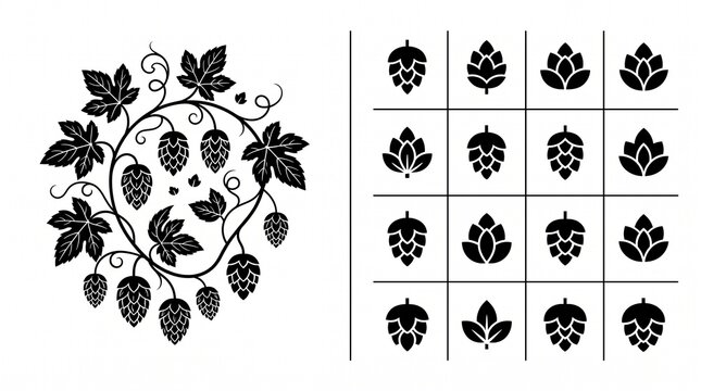 Botanical Hop Vine and Hop Cone Icon Collection in Black and White