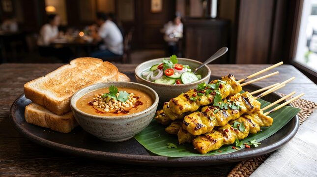 Authentic Thai Grilled and Fried Cuisine Authentic Thai Chicken Satay with Peanut Sauce and Salad Thai BBQ Night Market Feast Crispy Thai Street Food Culture 