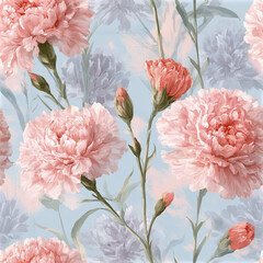 Obraz premium Dreamy pink carnation seamless pattern with large ruffle petals and soft blue background creating delicate floral design
