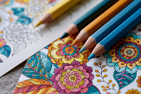 Colorful pencils rest beside vibrant, intricate floral patterns. Hand-drawn designs invite calm, creative focus. Soft hues fill pages with joy and relaxation. Ideal for art projects, meditation