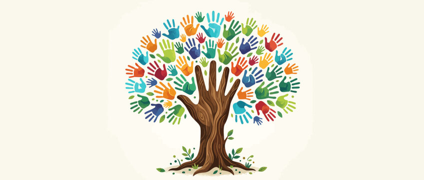 Diversity tree made of colorful handprints, unity and community concept on white background
