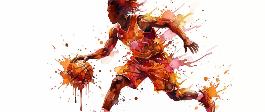 Basketball player dribbling ball with watercolor splash art on white background