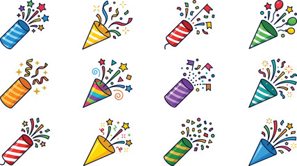 Obraz premium Colorful confetti poppers vector graphic set with party streamers, stars, and celebratory elements for events
