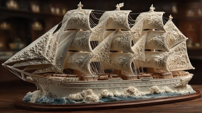 Intricate Tall Ship Model Displayed on a Wooden Base with Waves.