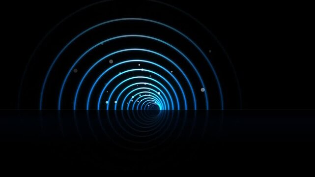 Abstract futuristic blue light waves with glowing particle circles and tunnel effect