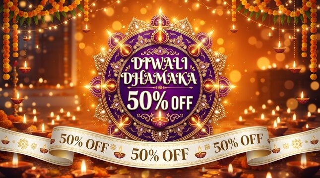 Diwali dhamaka sale banner with 50 percent off and traditional diyas