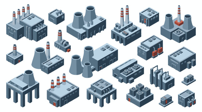 Isometric Collection of Industrial Buildings and Factory Icons Set