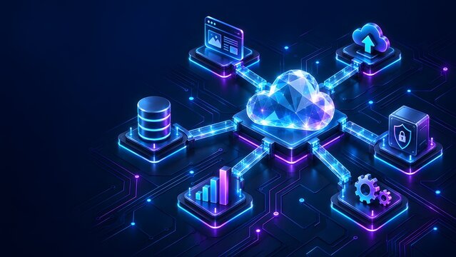 Central cloud computing hub routing digital connections to web applications, cyber security, analytics, and network database infrastructure